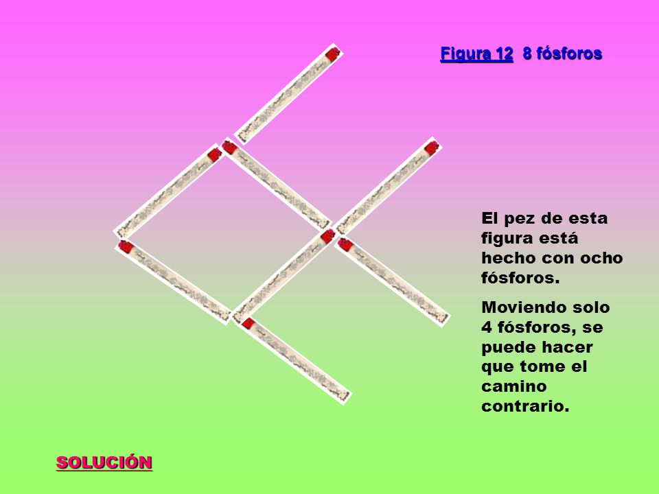 Figura 12 8 fósforos El pez de esta figura está hecho con ocho fósforos. Moviendo solo 4 fósforos, se puede hacer que tome el camino contrario.