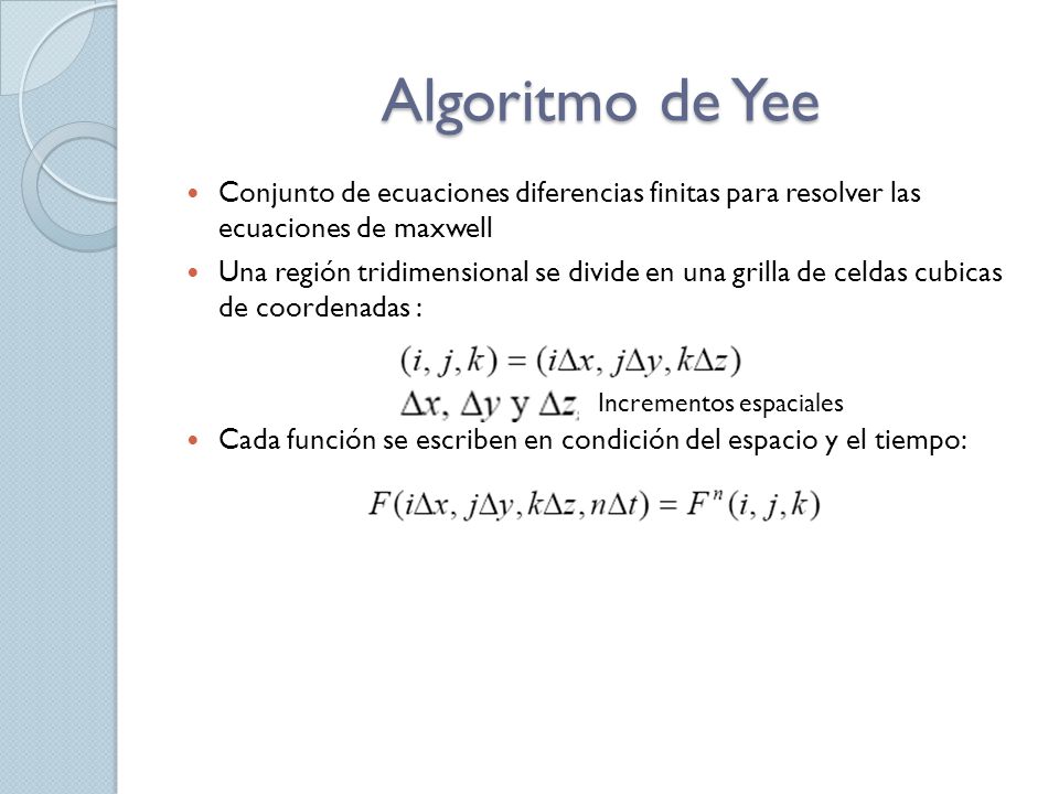 Algoritmo de Yee Conjunto de ecuaciones diferencias finitas para resolver las ecuaciones de maxwell.