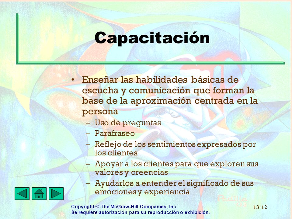 Capacitación Enseñar las habilidades básicas de escucha y comunicación que forman la base de la aproximación centrada en la persona.