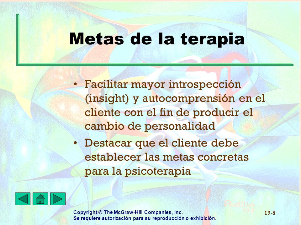 Metas de la terapia Facilitar mayor introspección (insight) y autocomprensión en el cliente con el fin de producir el cambio de personalidad.