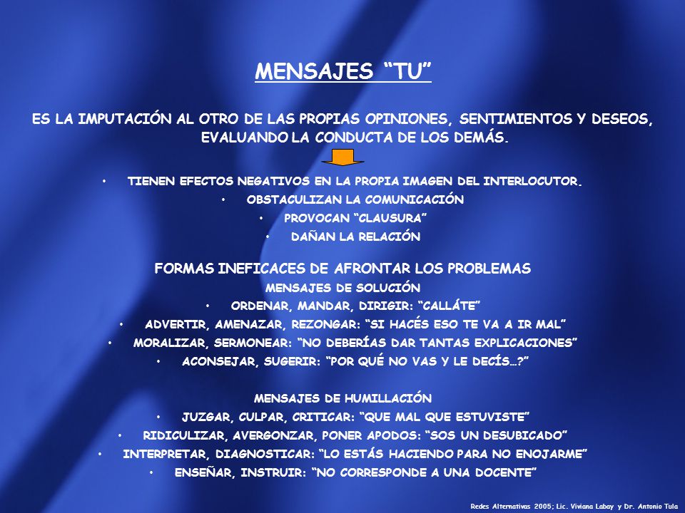 MENSAJES TU ES LA IMPUTACIÓN AL OTRO DE LAS PROPIAS OPINIONES, SENTIMIENTOS Y DESEOS, EVALUANDO LA CONDUCTA DE LOS DEMÁS.