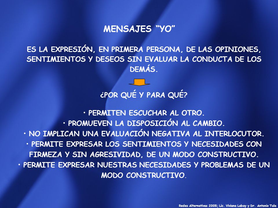 MENSAJES YO ES LA EXPRESIÓN, EN PRIMERA PERSONA, DE LAS OPINIONES, SENTIMIENTOS Y DESEOS SIN EVALUAR LA CONDUCTA DE LOS DEMÁS.
