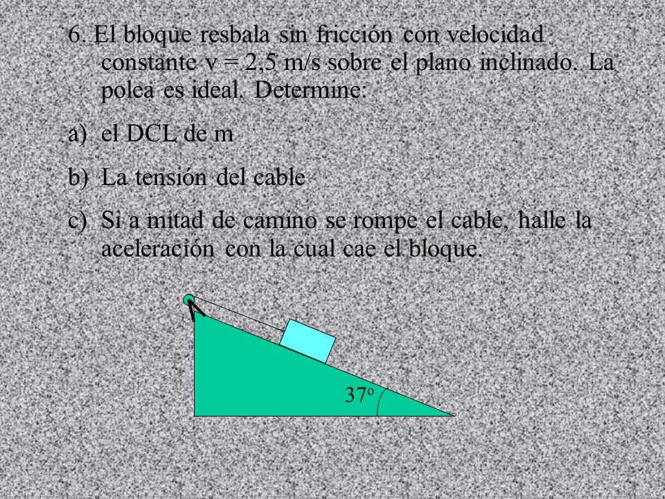 6. El bloque resbala sin fricción con velocidad constante v = 2,5 m/s sobre el plano inclinado. La polea es ideal. Determine: