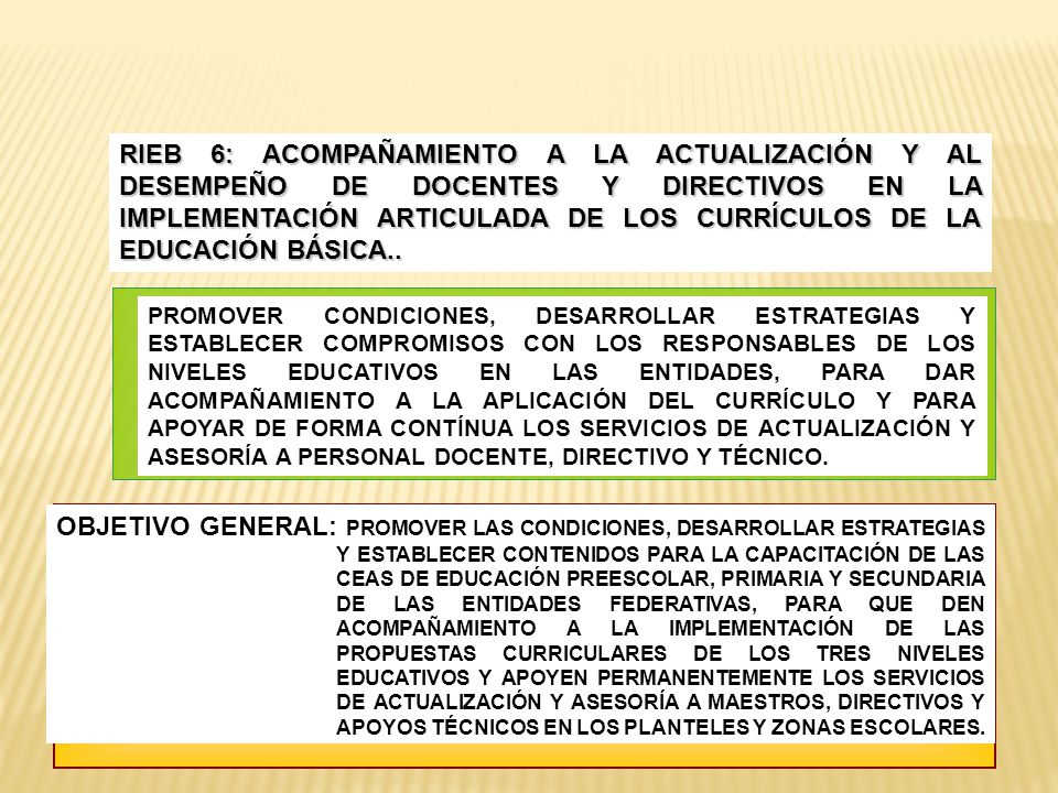 RIEB 6: ACOMPAÑAMIENTO A LA ACTUALIZACIÓN Y AL DESEMPEÑO DE DOCENTES Y DIRECTIVOS EN LA IMPLEMENTACIÓN ARTICULADA DE LOS CURRÍCULOS DE LA EDUCACIÓN BÁSICA..