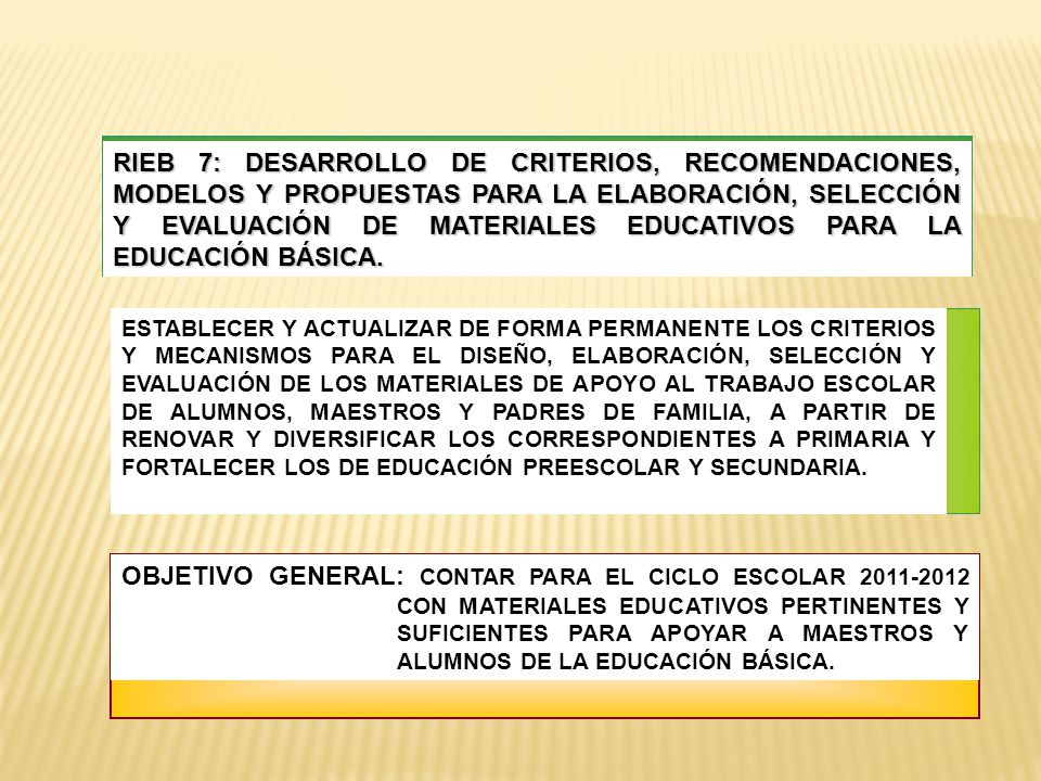RIEB 7: DESARROLLO DE CRITERIOS, RECOMENDACIONES, MODELOS Y PROPUESTAS PARA LA ELABORACIÓN, SELECCIÓN Y EVALUACIÓN DE MATERIALES EDUCATIVOS PARA LA EDUCACIÓN BÁSICA.
