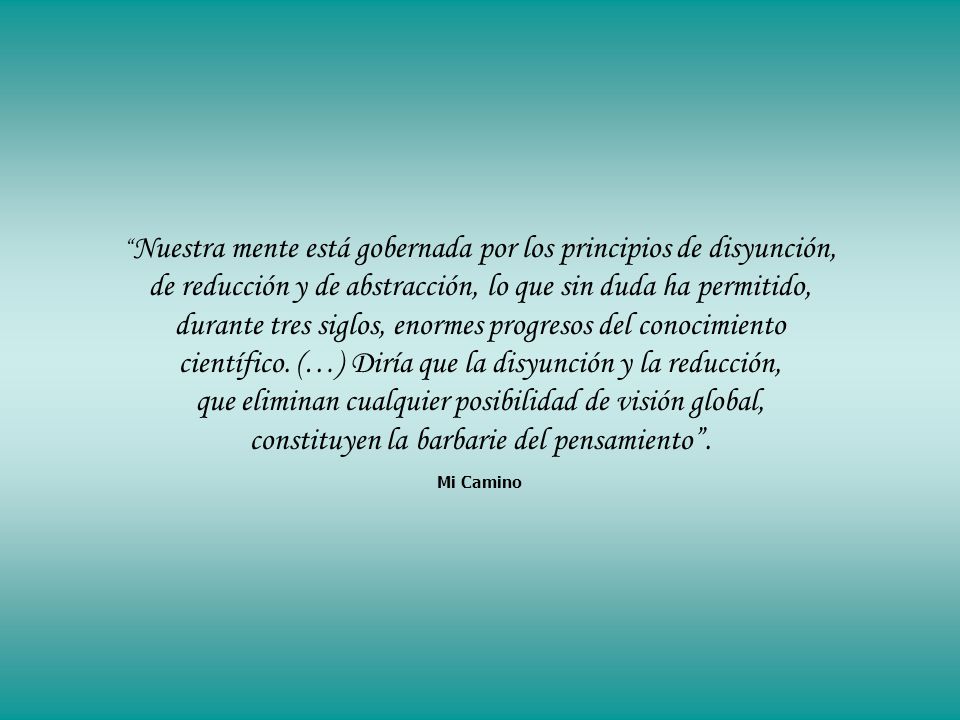 Nuestra mente está gobernada por los principios de disyunción, de reducción y de abstracción, lo que sin duda ha permitido, durante tres siglos, enormes progresos del conocimiento científico.