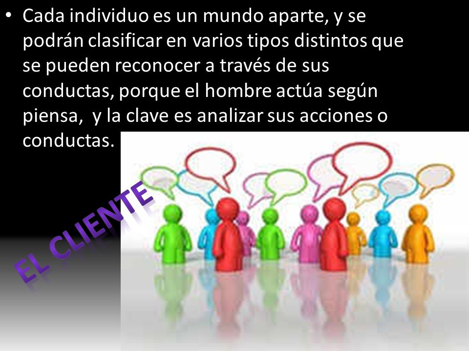 Cada individuo es un mundo aparte, y se podrán clasificar en varios tipos distintos que se pueden reconocer a través de sus conductas, porque el hombre actúa según piensa, y la clave es analizar sus acciones o conductas.