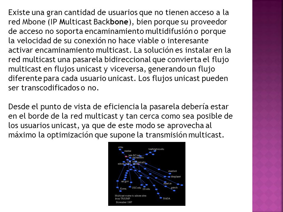 Existe una gran cantidad de usuarios que no tienen acceso a la red Mbone (IP Multicast Backbone), bien porque su proveedor de acceso no soporta encaminamiento multidifusión o porque la velocidad de su conexión no hace viable o interesante activar encaminamiento multicast. La solución es instalar en la red multicast una pasarela bidireccional que convierta el flujo multicast en flujos unicast y viceversa, generando un flujo diferente para cada usuario unicast. Los flujos unicast pueden ser transcodificados o no.