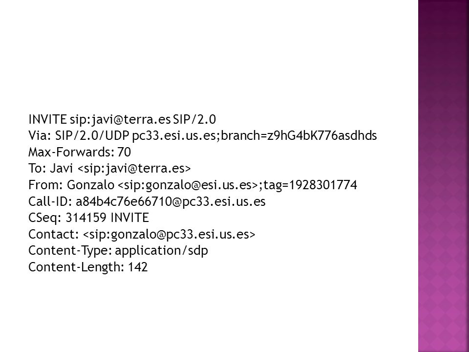 INVITE es SIP/2. 0 Via: SIP/2. 0/UDP pc33. esi. us