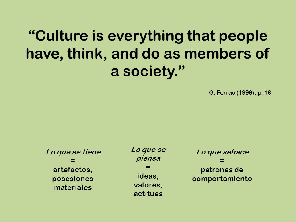 Culture is everything that people have, think, and do as members of a society.