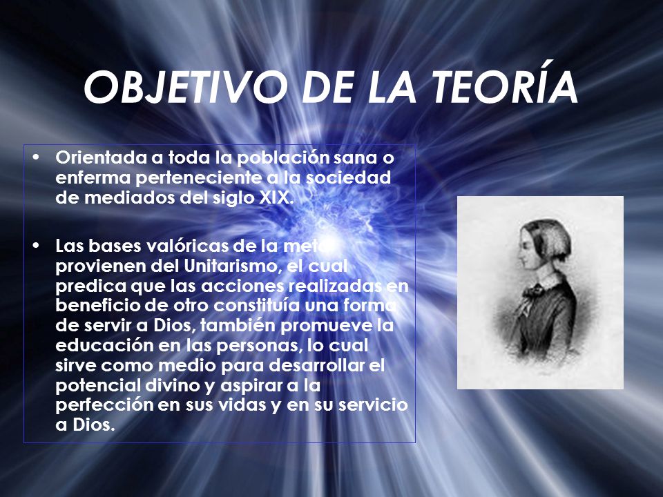 OBJETIVO DE LA TEORÍA Orientada a toda la población sana o enferma perteneciente a la sociedad de mediados del siglo XIX.