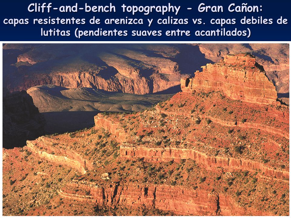 Cliff-and-bench topography - Gran Cañon: capas resistentes de arenizca y calizas vs.