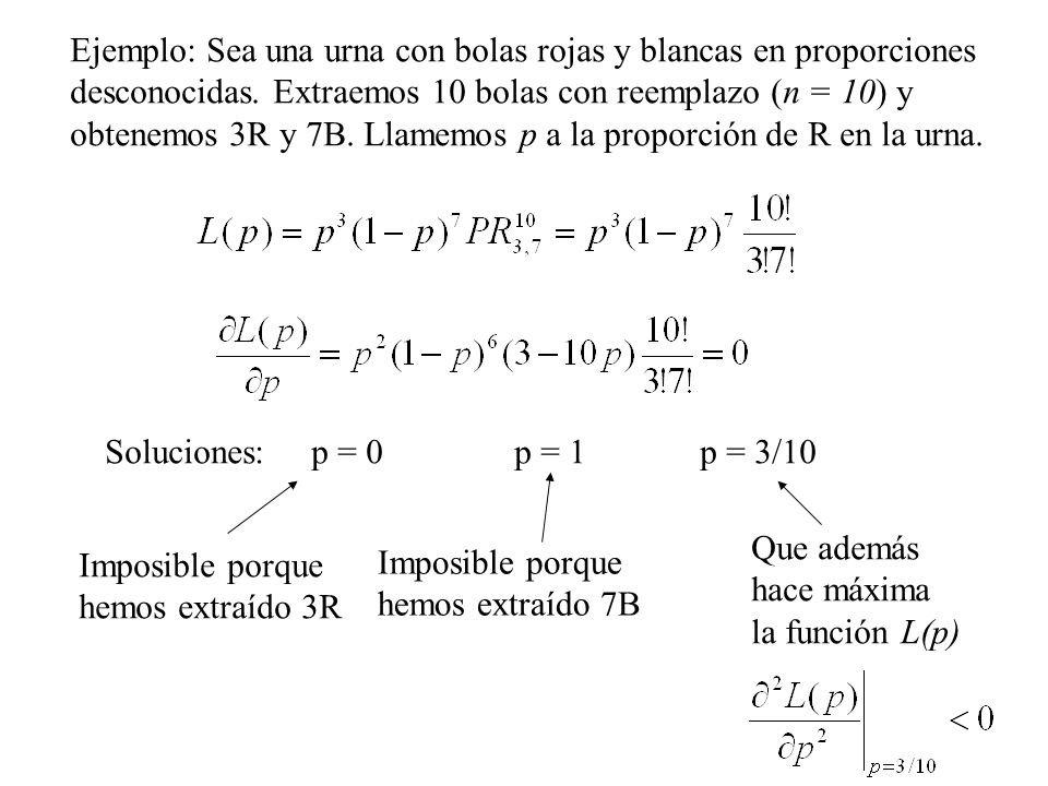 Ejemplo: Sea una urna con bolas rojas y blancas en proporciones