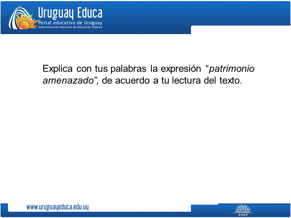 Explica con tus palabras la expresión patrimonio amenazado , de acuerdo a tu lectura del texto.