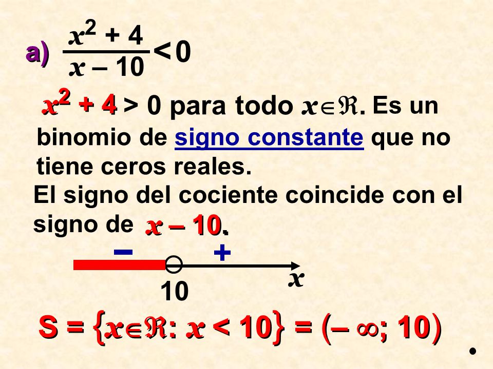 < + S = {x: x < 10} = (– ; 10) x2 + 4 a) x – 10 x2 + 4