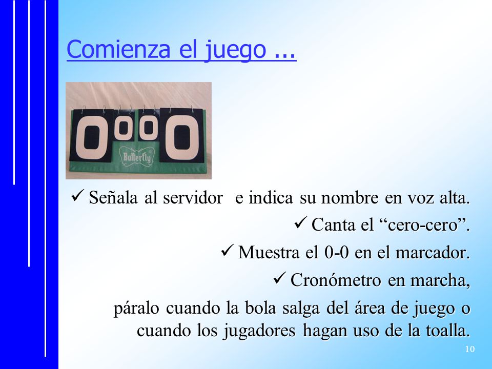 Comienza el juego ... Señala al servidor e indica su nombre en voz alta. Canta el cero-cero . Muestra el 0-0 en el marcador.