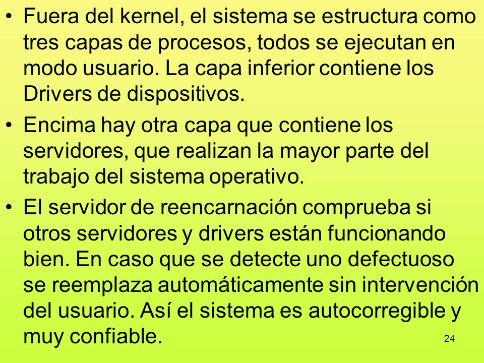 Fuera del kernel, el sistema se estructura como tres capas de procesos, todos se ejecutan en modo usuario. La capa inferior contiene los Drivers de dispositivos.