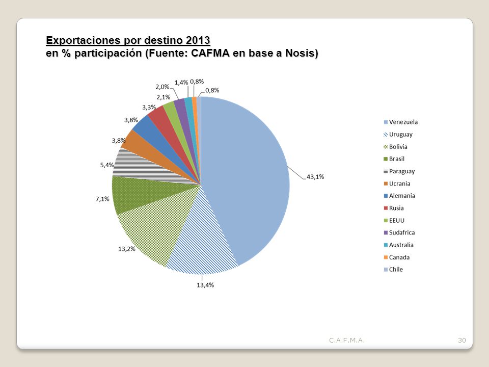 Exportaciones por destino 2013 en % participación (Fuente: CAFMA en base a Nosis)