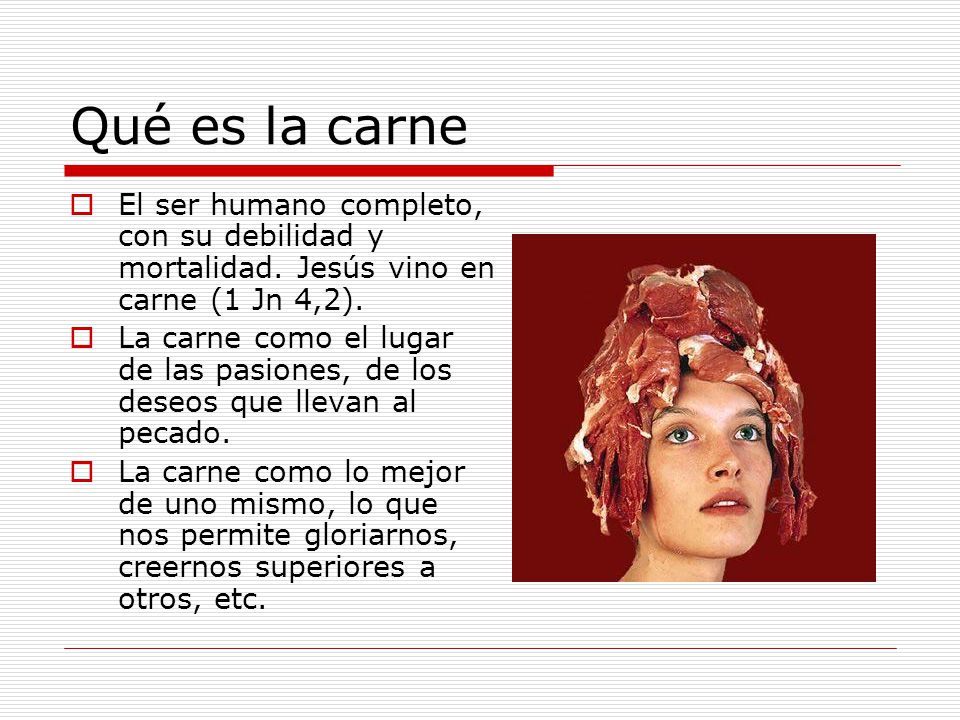 Qué es la carne El ser humano completo, con su debilidad y mortalidad. Jesús vino en carne (1 Jn 4,2).
