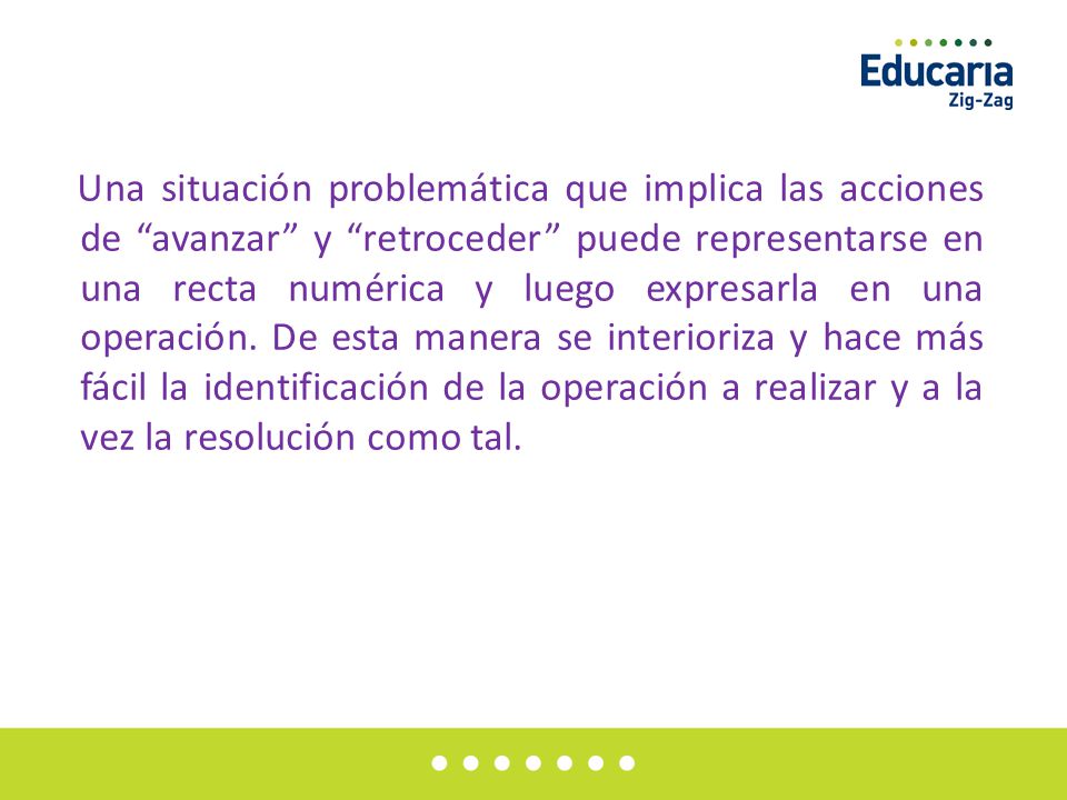 Una situación problemática que implica las acciones de avanzar y retroceder puede representarse en una recta numérica y luego expresarla en una operación.