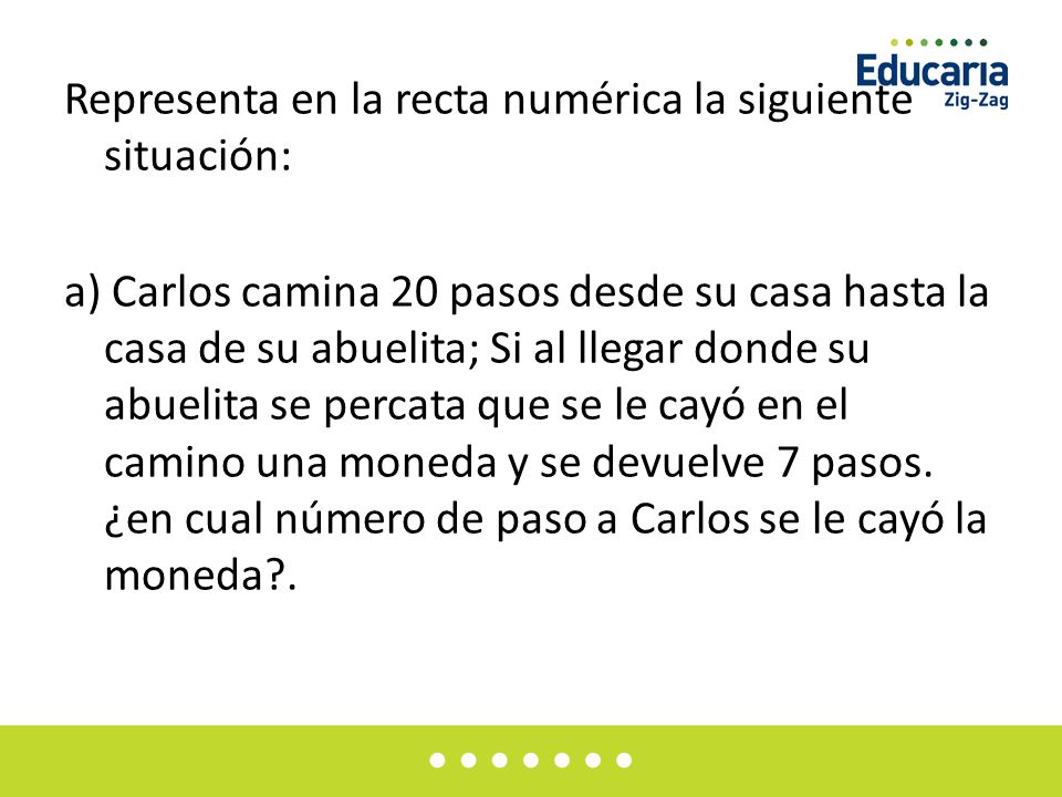Representa en la recta numérica la siguiente situación: a) Carlos camina 20 pasos desde su casa hasta la casa de su abuelita; Si al llegar donde su abuelita se percata que se le cayó en el camino una moneda y se devuelve 7 pasos.