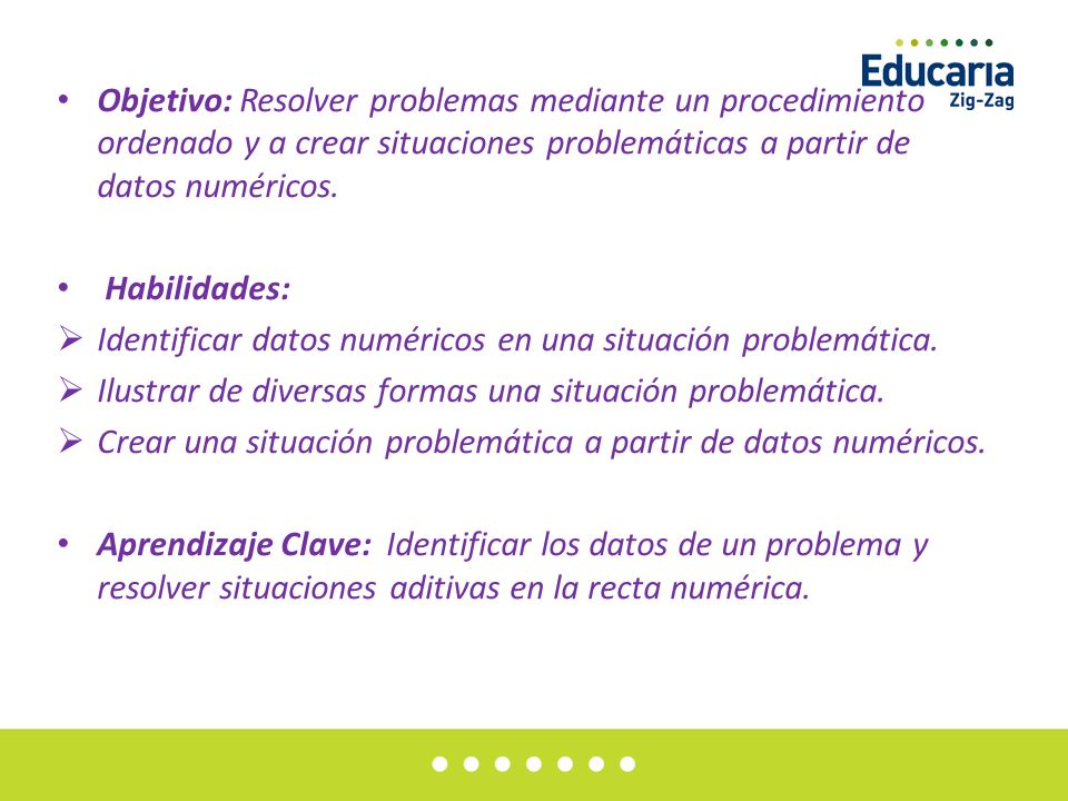 Objetivo: Resolver problemas mediante un procedimiento ordenado y a crear situaciones problemáticas a partir de datos numéricos.