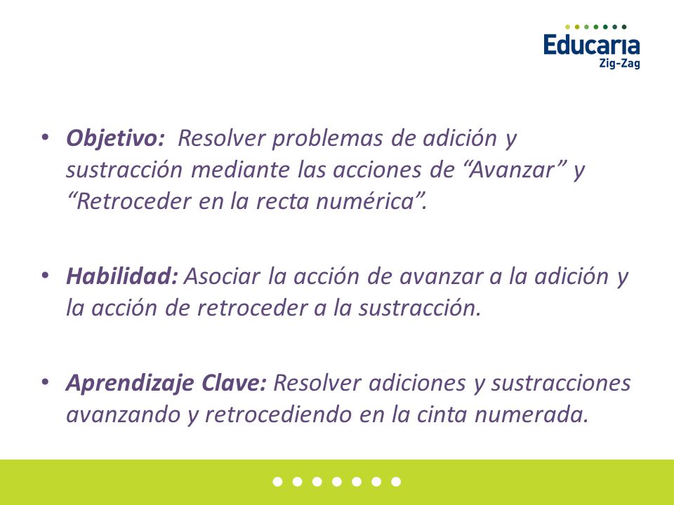 Objetivo: Resolver problemas de adición y sustracción mediante las acciones de Avanzar y Retroceder en la recta numérica .