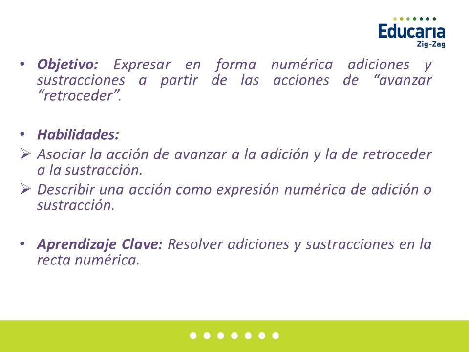 Objetivo: Expresar en forma numérica adiciones y sustracciones a partir de las acciones de avanzar retroceder .