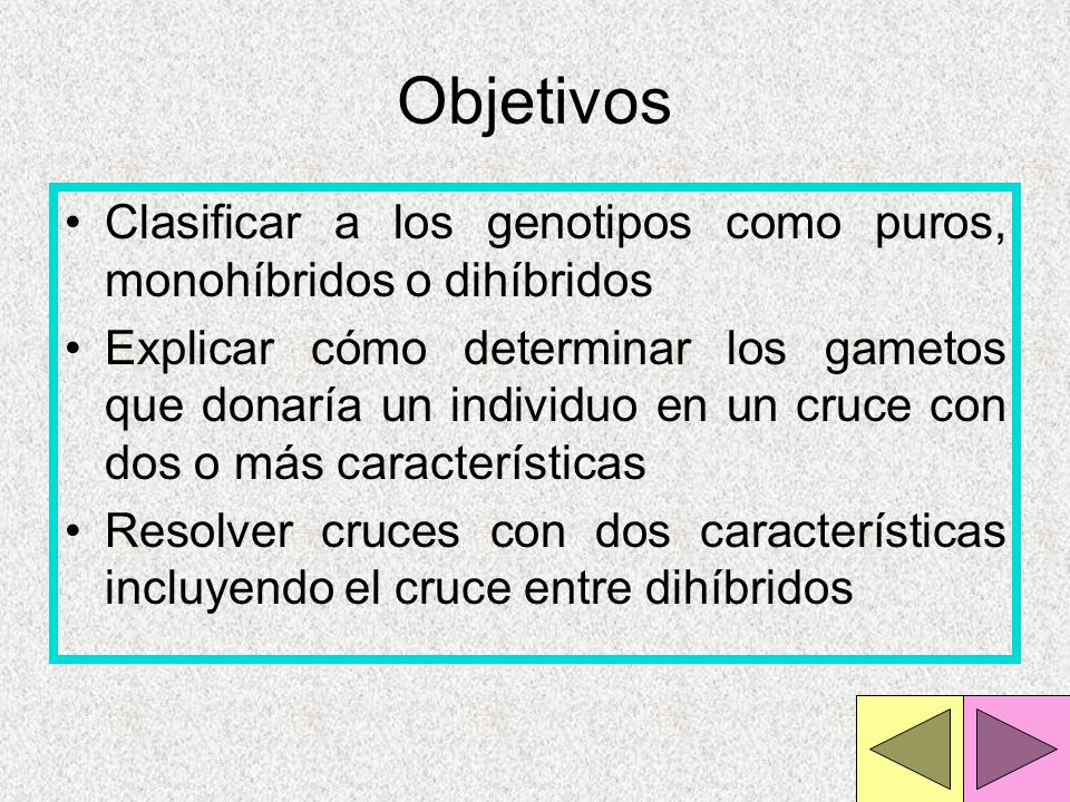 Objetivos Clasificar a los genotipos como puros, monohíbridos o dihíbridos.