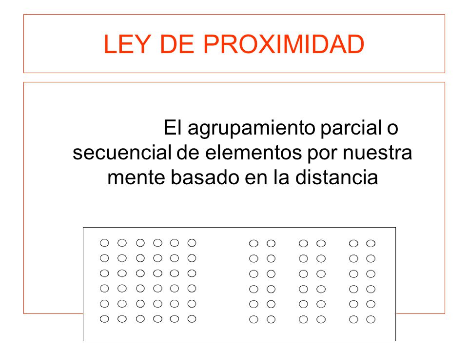 LEY DE PROXIMIDAD El agrupamiento parcial o secuencial de elementos por nuestra mente basado en la distancia.