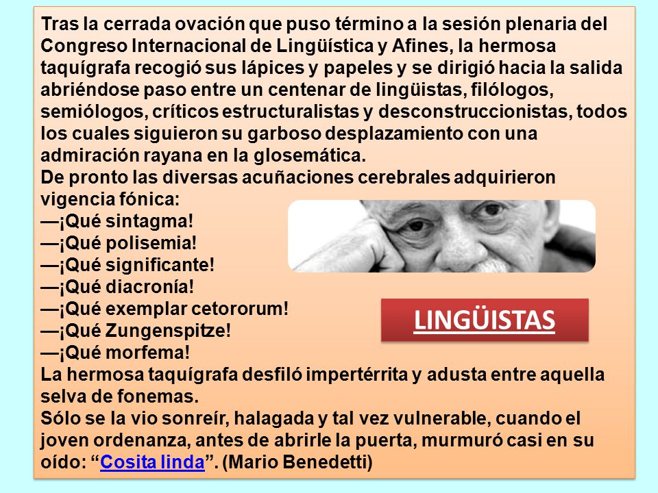 Tras la cerrada ovación que puso término a la sesión plenaria del Congreso Internacional de Lingüística y Afines, la hermosa taquígrafa recogió sus lápices y papeles y se dirigió hacia la salida abriéndose paso entre un centenar de lingüistas, filólogos, semiólogos, críticos estructuralistas y desconstruccionistas, todos los cuales siguieron su garboso desplazamiento con una admiración rayana en la glosemática.