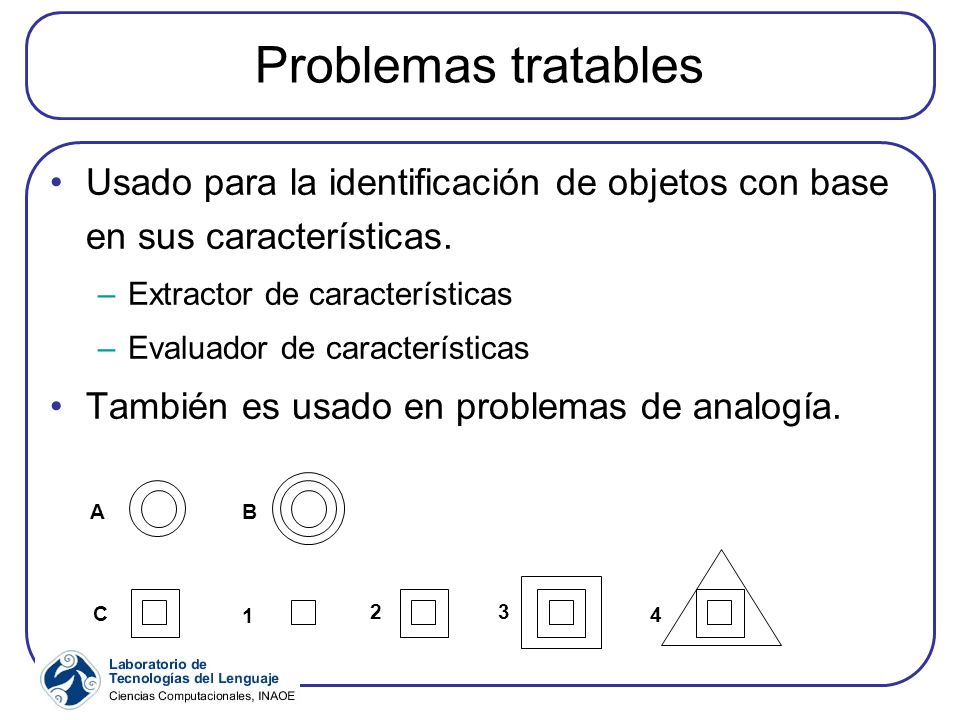 Problemas tratables Usado para la identificación de objetos con base en sus características. Extractor de características.