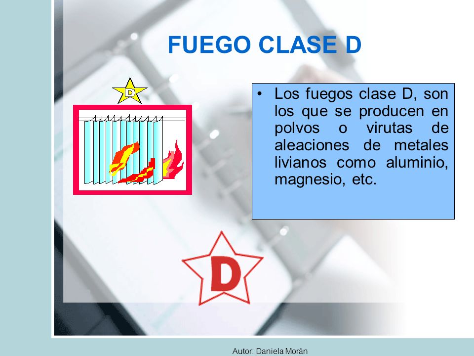 FUEGO CLASE D Los fuegos clase D, son los que se producen en polvos o virutas de aleaciones de metales livianos como aluminio, magnesio, etc.