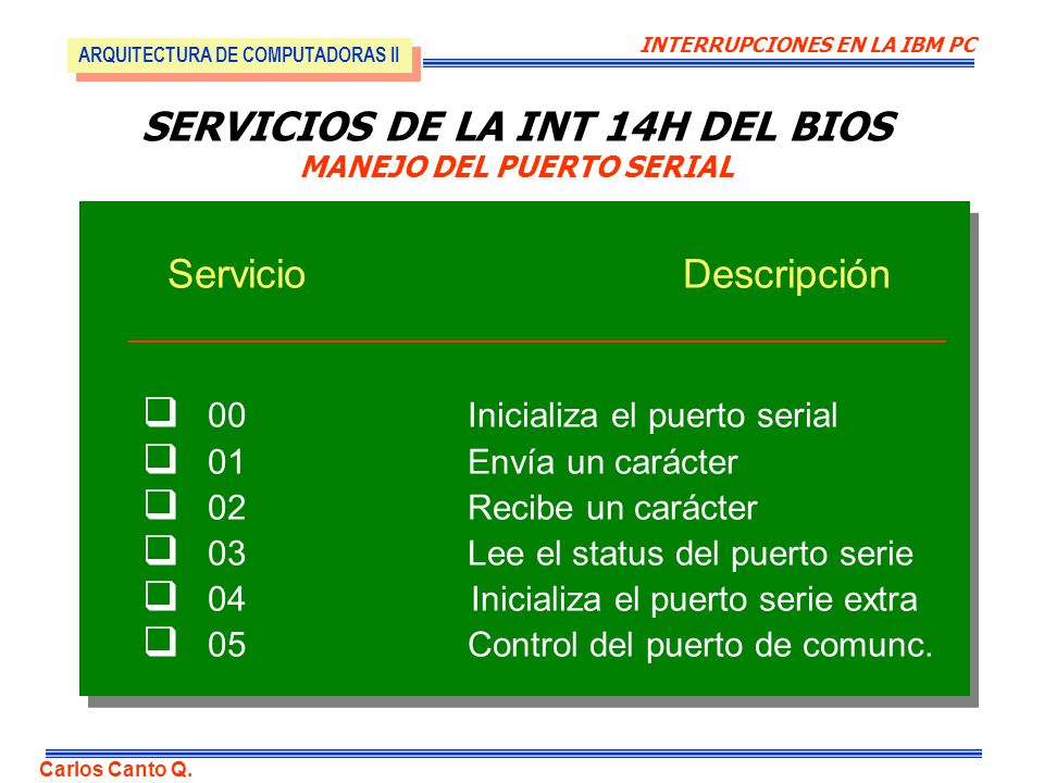 SERVICIOS DE LA INT 14H DEL BIOS MANEJO DEL PUERTO SERIAL