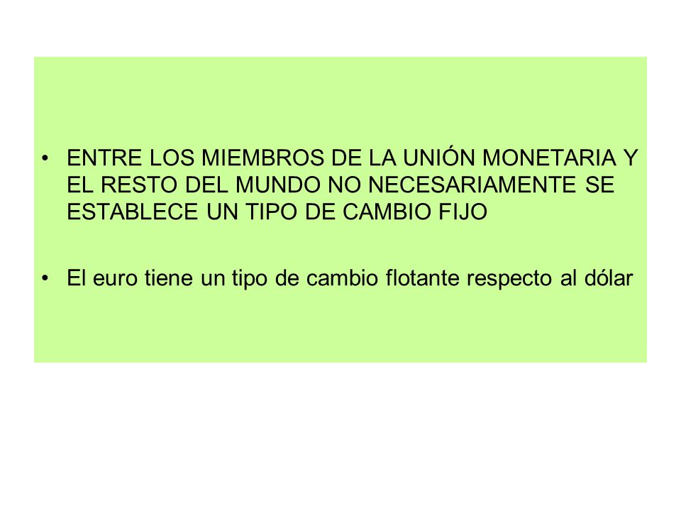 ENTRE LOS MIEMBROS DE LA UNIÓN MONETARIA Y EL RESTO DEL MUNDO NO NECESARIAMENTE SE ESTABLECE UN TIPO DE CAMBIO FIJO