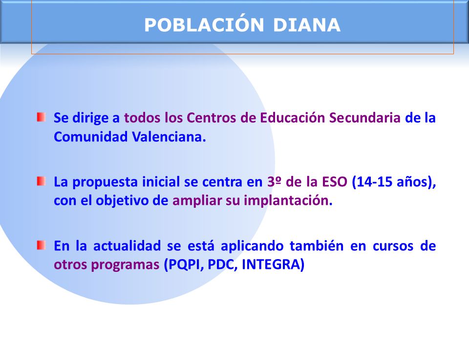 POBLACIÓN DIANA Se dirige a todos los Centros de Educación Secundaria de la Comunidad Valenciana.