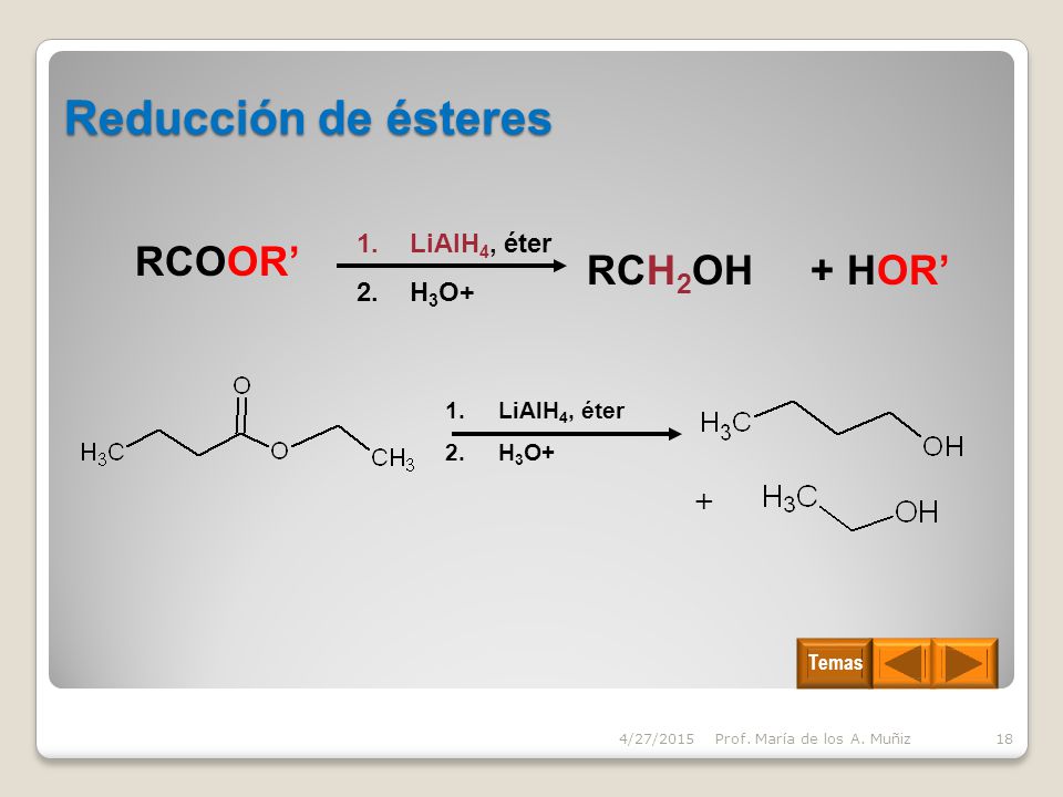 Reducción de ésteres RCOOR’ RCH2OH + HOR’ LiAlH4, éter H3O+ +