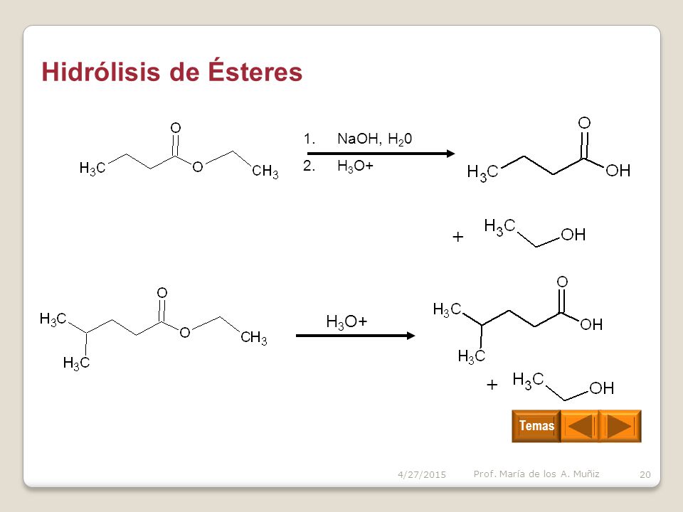 Hidrólisis de Ésteres + H3O+ + NaOH, H20 H3O+ Temas 4/14/2017