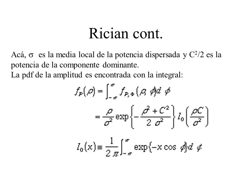 Rician cont. Acá, s es la media local de la potencia dispersada y C2/2 es la potencia de la componente dominante.