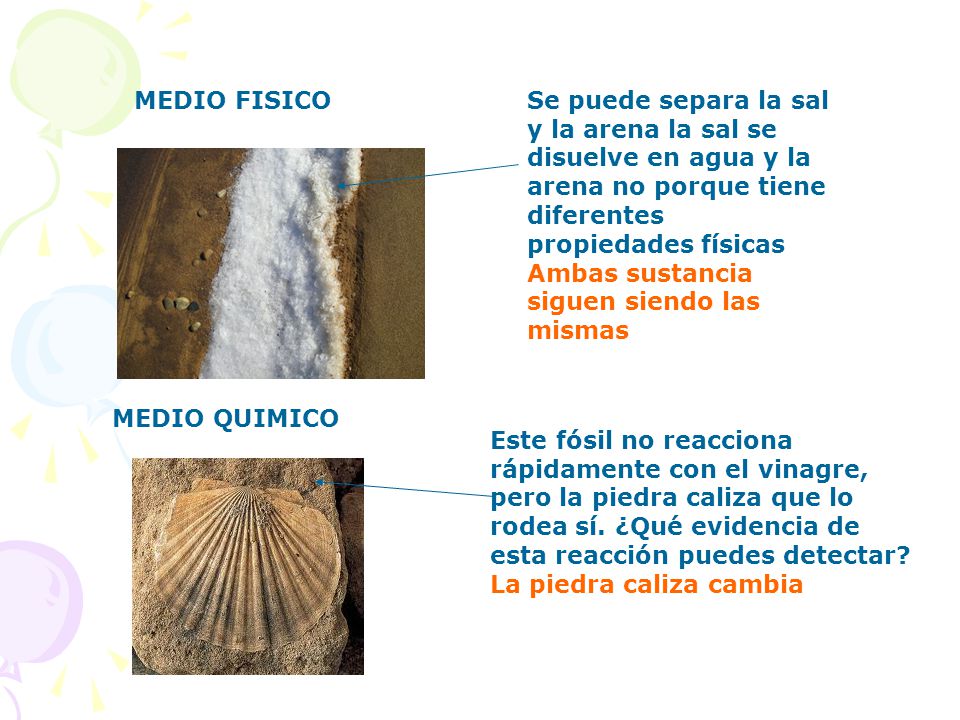 MEDIO FISICO Se puede separa la sal y la arena la sal se disuelve en agua y la arena no porque tiene diferentes propiedades físicas.