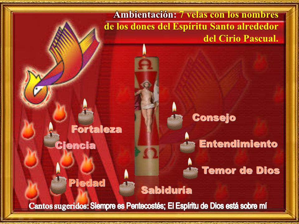 Ambientación: 7 velas con los nombres de los dones del Espíritu Santo alrededor del Cirio Pascual.