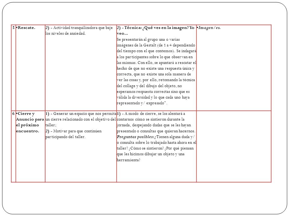 5 Rescate. 2) - Actividad tranquilizadora que baje los niveles de ansiedad. 2) - Técnica: ¿Qué ves en la imagen Yo veo...