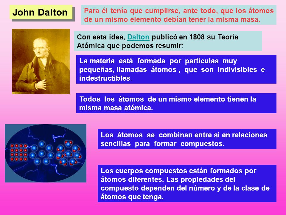 John Dalton Para él tenía que cumplirse, ante todo, que los átomos de un mismo elemento debían tener la misma masa.