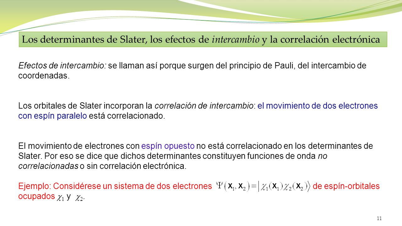 Los determinantes de Slater, los efectos de intercambio y la correlación electrónica