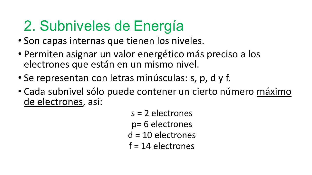2. Subniveles de Energía Son capas internas que tienen los niveles.