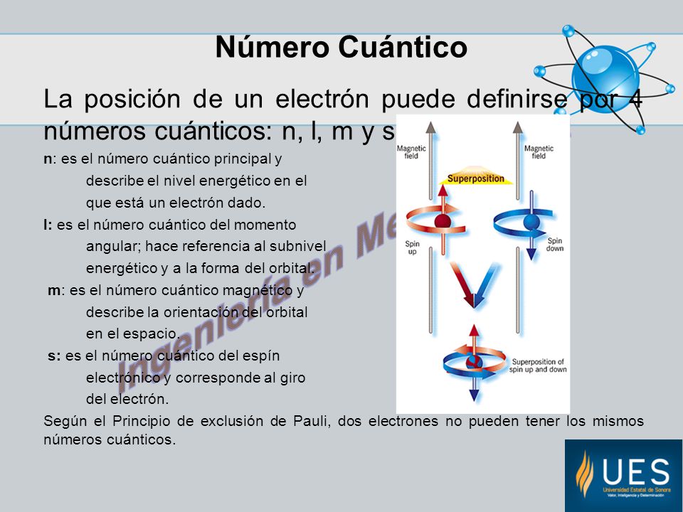 Número Cuántico La posición de un electrón puede definirse por 4 números cuánticos: n, l, m y s. n: es el número cuántico principal y.