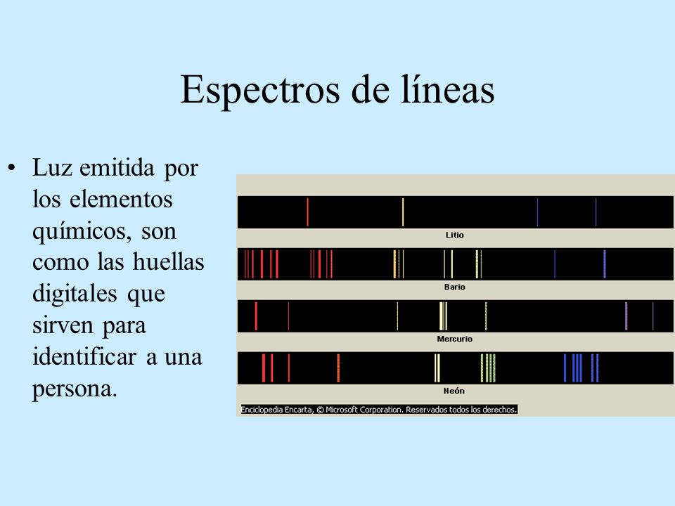 Espectros de líneas Luz emitida por los elementos químicos, son como las huellas digitales que sirven para identificar a una persona.