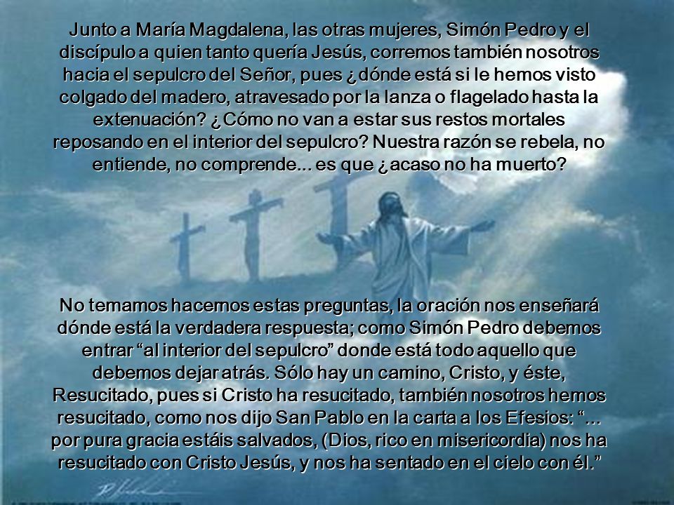 Junto a María Magdalena, las otras mujeres, Simón Pedro y el discípulo a quien tanto quería Jesús, corremos también nosotros hacia el sepulcro del Señor, pues ¿dónde está si le hemos visto colgado del madero, atravesado por la lanza o flagelado hasta la extenuación ¿Cómo no van a estar sus restos mortales reposando en el interior del sepulcro Nuestra razón se rebela, no entiende, no comprende... es que ¿acaso no ha muerto