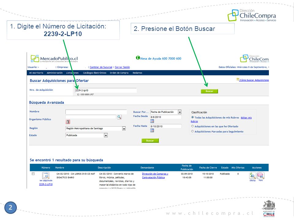 2 1. Digite el Número de Licitación: 2. Presione el Botón Buscar