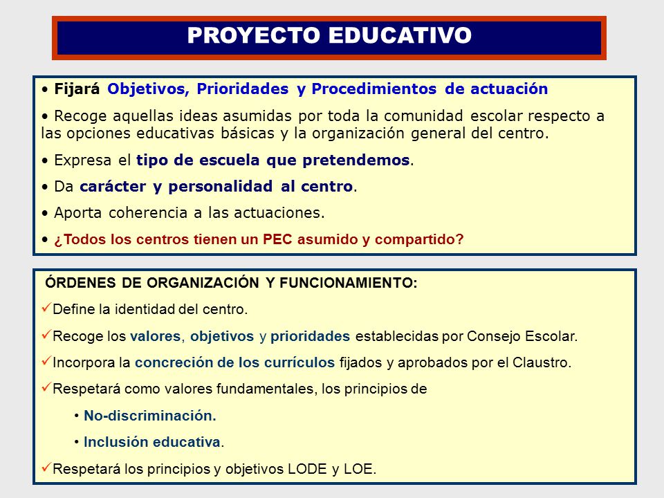 PROYECTO EDUCATIVO Fijará Objetivos, Prioridades y Procedimientos de actuación.